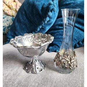 Set of Arthur Court Vineyard Grapes Silver Metal Footed Dish and Vase Wine Gift